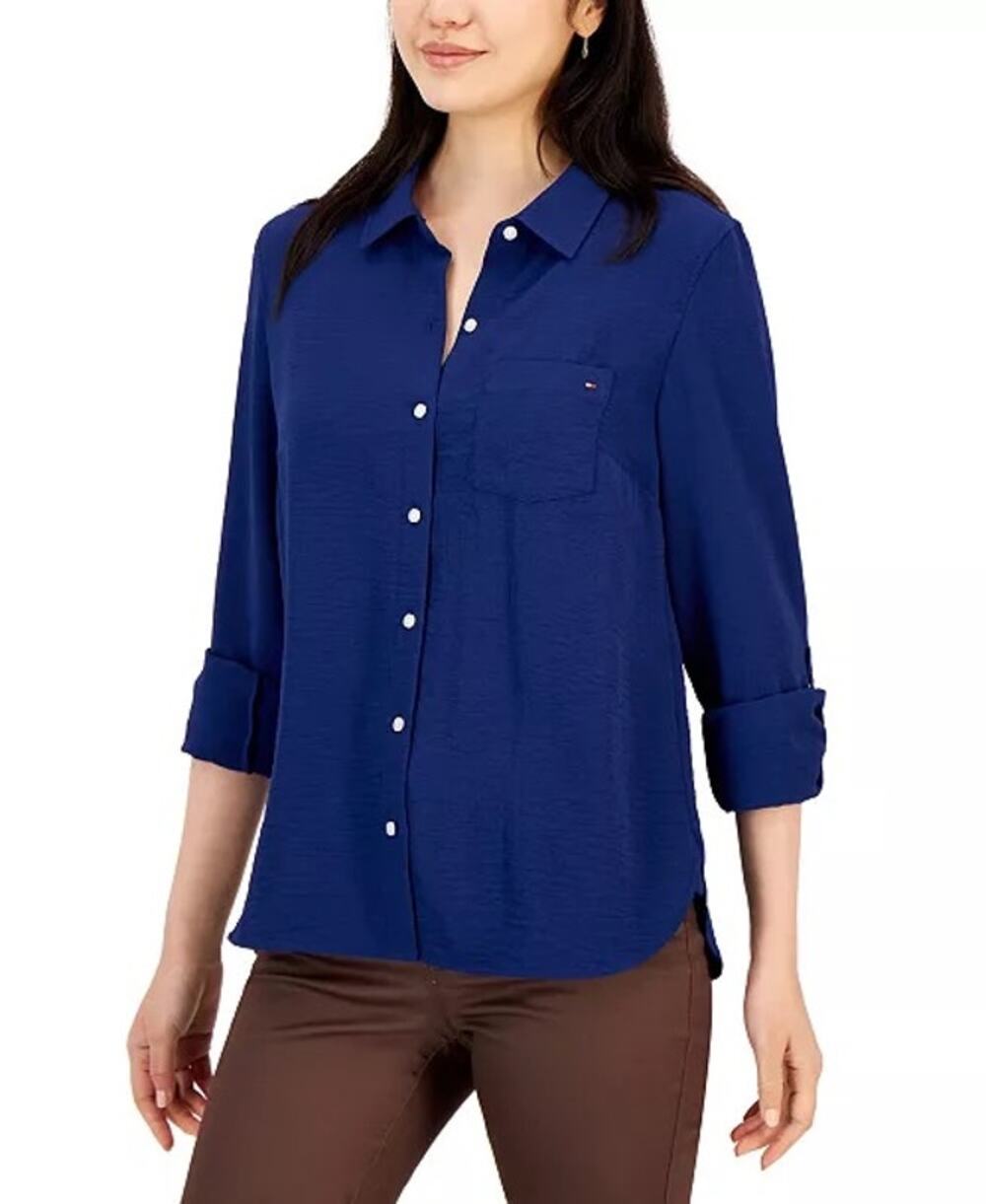 Tommy Hilfiger Navy Blue Roll Tab Sleeve Button Down Shirt Blouse Plus 0X NWT